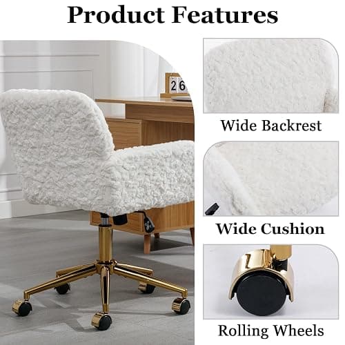 Thctvous Beige Vantiy Desk Chair Comfy, Sherpa Makeup Vanty Chair with Back and Rolling Wheels for Bedroom Home Office,Adjustable High Gold Feet,Artificial Rabbit Hair (Beige) thumbnail 4