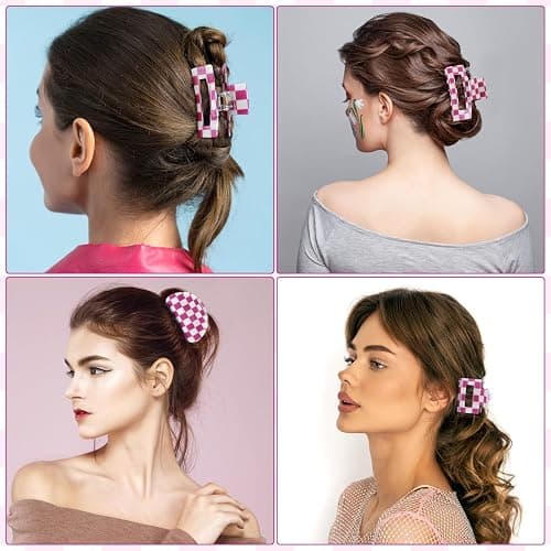 4Pcs Checkered Hair Claw Clips, Non-Slip Hair Jaw Clips for Thick, Thin, Curly, Straight, Long Hairstyle, Simple Style Purple and White Square Claw Clip, Purple Accessories for Women thumbnail 5