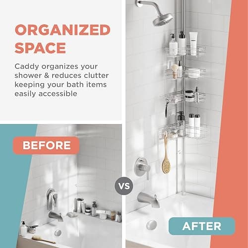 Zenna Home Tension Pole Shower Caddy, Adjustable Corner Shower Storage System with 4 L-shaped Baskets and Hooks, Rust-Resistant Bathroom Organization Solution, 60 to 97 Inch, Satin Nickel - Satin Nickel thumbnail 6