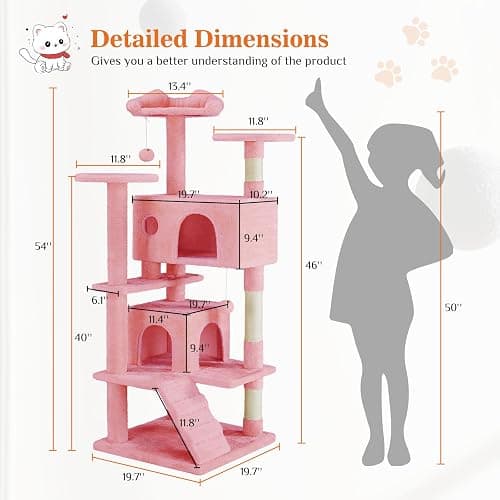 Sweetcrispy 54 Inch Cat Tree Tower, Multi-Level with Cat Scratching Post, Indoor Cat Condo with Climbing Ladder, Plush Toy, Play House for Cat, Pink thumbnail 7