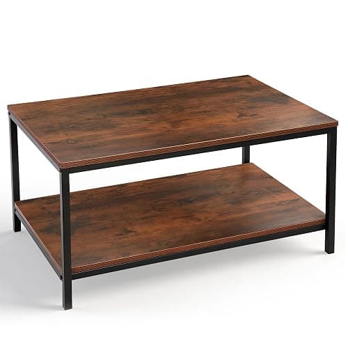 SUPER DEAL 2-Tier Industrial Coffee Table with Storage Shelf for Small Apartment Living Room, Rectangle Wood and Stable Metal TV Stand Side End Table, Rustic Brown - Image 1