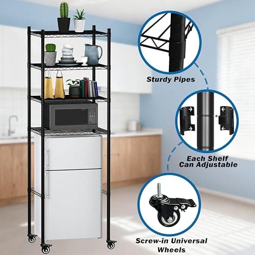 YVTCRTCW 4 Tier Mini Fridge Shelf with Wheels | Adjustable Height Metal Storage Shelf | for Mini Fridge & Microwave Stand | Easy Assemble for Dorm, Kitchen, Office | Black thumbnail 4