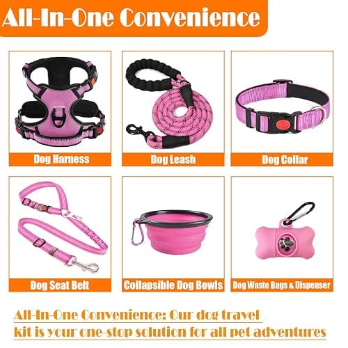 LOBEVE No Pull Dog Harness, Collar & Leash Set | Includes Dog Seat Belt, Collapsible Bowls & Poop Bag Dispenser. Ideal for Training, Walking, Hiking. Fits Small to Large Dogs(Pink-XL) thumbnail 2