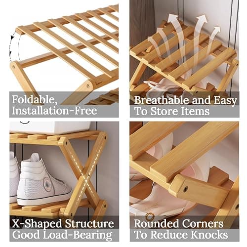 Bamboo Vertical Shoe Rack for Entryway,Narrow Shoe Rack Stackable,Minimalist Shoe Storage,4 Tier Standing Shoe Organizer for Garage Corner Bedroom Hallway(Tawny-4 Tier) thumbnail 4