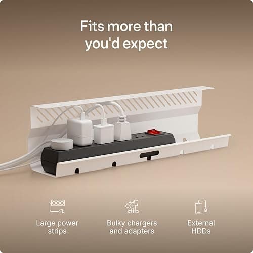 Desktronic Cable Duct Desk White Set of 2 - Stainless Steel Cable Management Desk Cable Duct with 5 Cable Cut-Outs - Easy to Install Cable Organiser - Cable Holder thumbnail 3