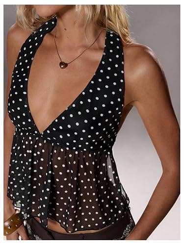 Milumia Women's Polka Dots Tie Backless Halter Top Deep V Neck Ruffle Hem Peplum Going Out Party Club Crop Tank Tops thumbnail 5