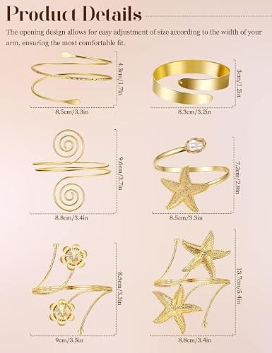 REVOLIA 6Pcs Arm Cuff Bracelets for Women Boho Minimalist Coil Upper Arm Cuffs Starfish Flower Statement Bangle Band Armlet Adjustable Cuff Armband Jewelry Stackable Bracelet Set thumbnail 3