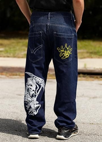 Unisex Y2K Hip Hop Street Jeans with Skeleton Print, Gothic Baggy Jeans, Vintage High Waist Denim, Wide Leg Pants thumbnail 5