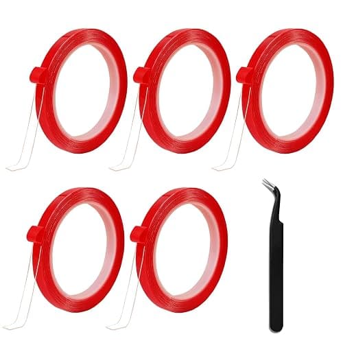 GUXACU 5 Rolls Double Sided Tape Nail Tape for Press On Nails Double Sided Nail Tape for Nail Packaging Fake Nail Storage Nail Display Nail Art Nail Salon Press On Nail Supplies with Tweezer - Image 1