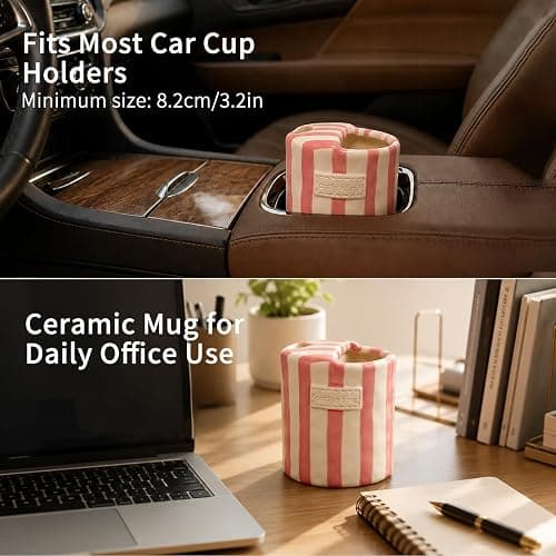 KOIMYSA Ceramic Coffee Mug with Sip Hole, 12oz To Go Ceramic Mug Striped | Cute Aesthetic Mug for Espresso Latte Cappuccino, Handmade Glazed Cup for Home Office Gift Use, Pink thumbnail 6