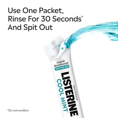 Listerine On-The-Go Cool Mint Alcohol Free Mouthwash Packets, Oral Rinse in Individual Packets Kills Bad Breath Germs, Less Intense Taste, Cool Mint Flavor, Mini Travel Size, 0.33 fl oz. Pack of 5 thumbnail 8