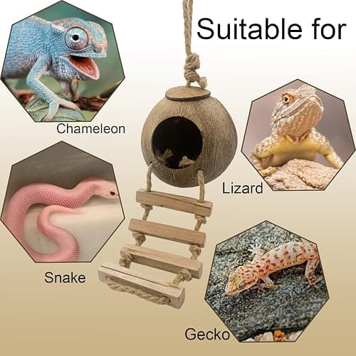 MUYG Crested Gecko Coconut Hut with Ladder,Bearded Dragon Coco Den Reptile Shell Hideout Husk Hut Climbing Plants Leaves Tank Accessories for Lizard Chameleon Snakes thumbnail 6