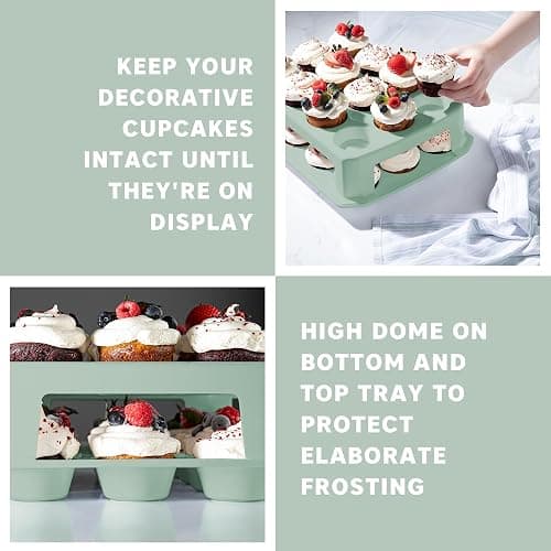 Cupcake Carrier, Green Cupcake Holder Carries 24 Count Standard-Size Cupcakes, Muffin Traveler Two Tier Stand Reusable Cupcake Box - Green - 24 Cupcake Carrier thumbnail 7