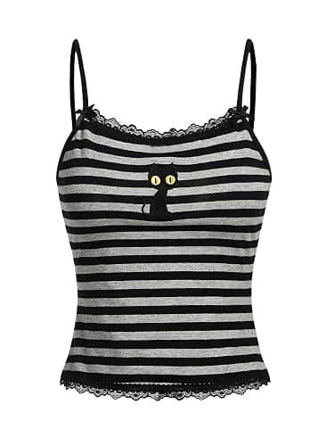Floerns Women's Sleeveless Cat Embroidery Striped Scoop Neck Contrast Lace Cami Tops - Image 1