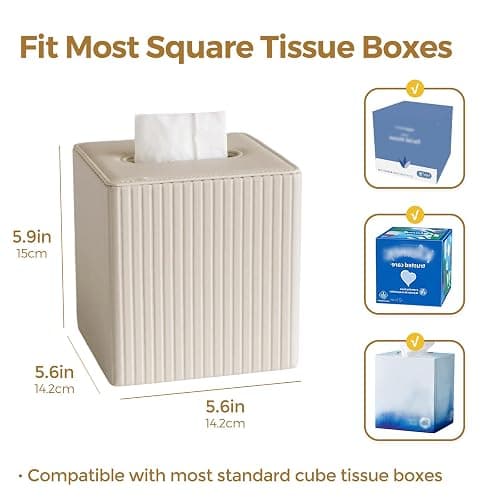 KALEKAIL PU Leather Tissue Box Cover, Square Tissue Box Holder with Magnetic Closure, Modern Cube Tissue Covers Tissue Holders for Bathrooms, Ivory White thumbnail 2
