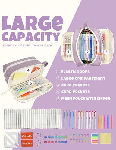 SUNEE Cute Pencil Case, Aesthetic Pen Pouch with 3 Compartments, Kawaii Colored Large Pencil Bag with Zipper, Stationery Storage and Organizer, Purple School Supplies for Teen and Adult Girls thumbnail 3