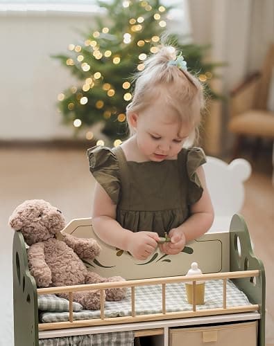 ROBOTIME Baby Doll Crib, Wooden Doll Bed, Toy Baby Crib with Storage, Bedding, and Wooden Hooks, Doll Crib Fits Dolls up to 22’’, Doll Furniture for American Girls Ages 3+ (Green) - Green-Modern thumbnail 6