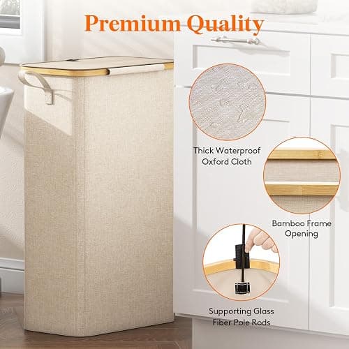 Lifewit 75L Slim Laundry Hamper with Lid, Narrow Laundry Basket with Removable Bag & Bamboo Handles, Fodable Thin Dirty Clothes Hamper for Laundry Collapsible Bin for Bathroom Bedroom Dorm, Beige thumbnail 7