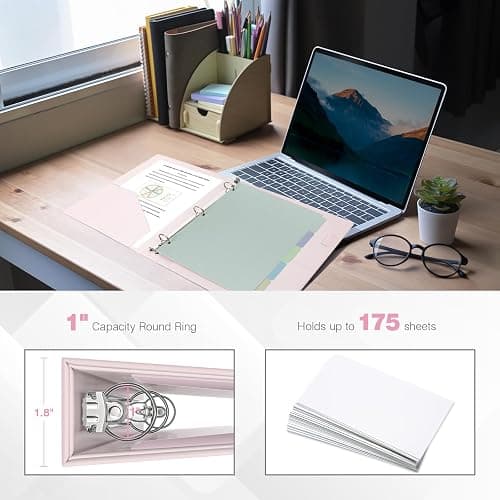 Ospelelf Vintage Hardcover 3 Ring 1 inch Leather Binder, Professional Binders Organizer Suitable for Letter Size Documents, Binder Dividers with Tabs, Faux Pink Leather thumbnail 3