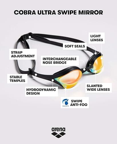 arena Cobra Ultra Swipe Unisex-Wettkampfbrille für Erwachsene, Schwimmbrille mit Gebogenen Gläsern, Anti-Beschlag, UV-Schutz, 5 Austauschbare Nasenstege thumbnail 3