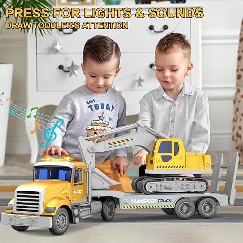 DOWELLIN Transports Trucks Kids Toys, 22" Large Semi Truck Toy Carrier and Excavator Truck with Sound&Light,Friction Powered Cars Toys Birthday for Childs-Yellow thumbnail 2