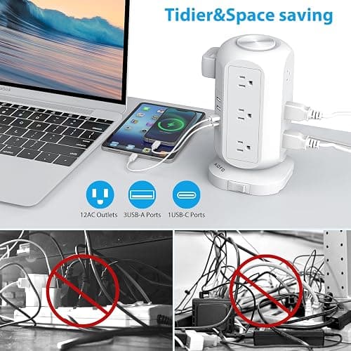 Tower Power Strip Flat Plug with 12 Outlets 4 USB(1 USB C),AOFO Surge Protector Charging Station with Overload Protection, Widely Spaced Multiple Outlets 10Ft Extension Cord for Home, Dorm,Office thumbnail 2