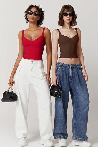 QINSEN Women's V Neck Tank Tops Double Lined Adjustable Strap Camisole Shirt thumbnail 6