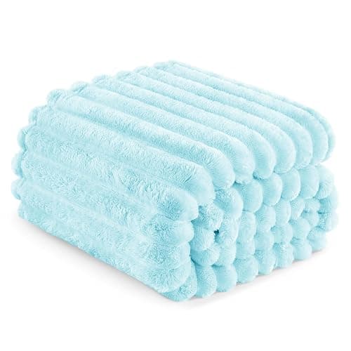 Exclusivo Mezcla Fleece Throw Blanket for Couch, Super Soft Striped Jacquard Bed Blanket, Lightweight Fuzzy Cozy for All Seasons, 50x60 Inches, Light Blue - Light Blue - Throw (50"x60") thumbnail 7