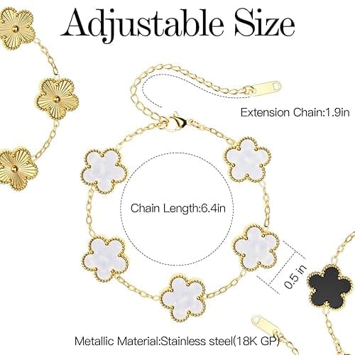 AICase 18K Gold Plated Clover Bracelet Dupes Gold/White/Black Bracelet Set for Women Flower Leaf Lucky Clover Bracelets Trendy Jewelry Birthday Gifts for Women/Mon/Friends thumbnail 5