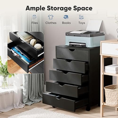 OLIXIS 5 Drawer Mobile File Cabinet Under Desk Storage Organization with Wheels Vertical Filing Chest Rolling Wood Small Desk Printer Stand for Home Office, 15.75"D x 18.74"W x 25.39"H, Black thumbnail 4