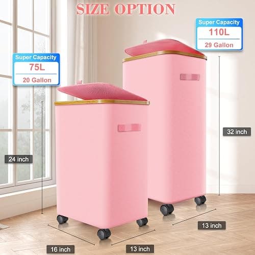 Laundry Hamper with Wheels,20 Gal (75L) Laundry Basket with lid Rolling Clothes Hamper Foldable Dirty Clothes Basket on wheels with Bamboo Frame and Bag for Bedroom, Dorm, Laundry Room-Pink thumbnail 2