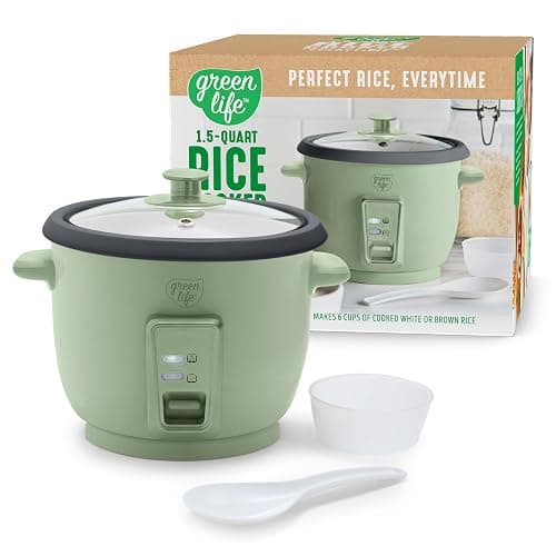 GreenLife Electric Rice Cooker, 3-Cups Uncooked/6-Cups Cooked, Removable PFAS-Free Nonstick Pot, One-Switch Design, Auto Keep Warm, Small Space Saving, Rice Paddle, Soup, Grains, Oatmeal, 1.5 QT, Green - Image 1