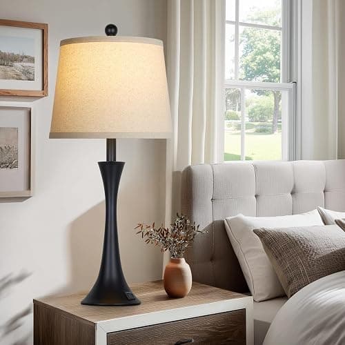 Rinweey 27.5" Table Lamps Set of 2, Touch Bedside Lamps with USB C+A Ports, 3 Way Dimmable Nightstand Lamps for Bedroom, Living Room, Office, Black Lamp with Beige Lampshade, Bulbs Included thumbnail 5