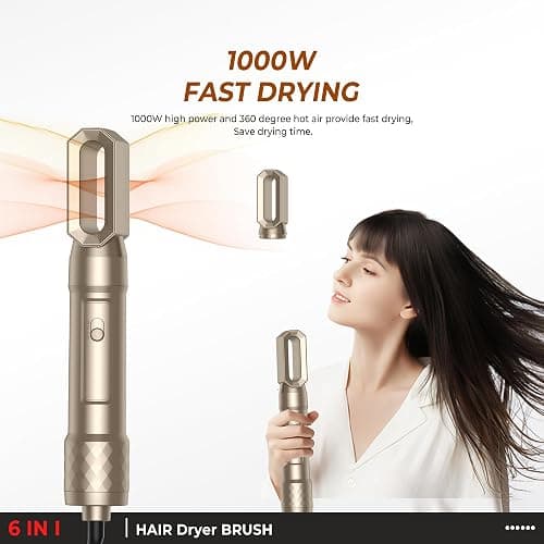 Airstyler Set 6 in 1 Haartrockner Hairstyler,1000W Warmluftbürste, 30mm Air Curling,Abnehmbar,3 Temperatur und Windgeschwindigkeit,Rundbürstenföhn zum Trocknen,Locken und Straighthen der Haare-GOLD thumbnail 6