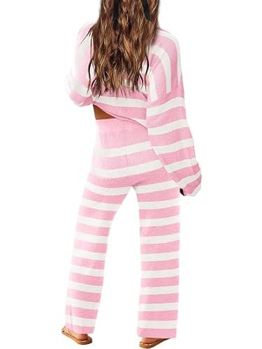 LAMISSCHE Oversized Womens Lounge Set Striped Sweater Set Long Sleeve 2 Piece Pajama Set Top and Pants with Pockets thumbnail 3