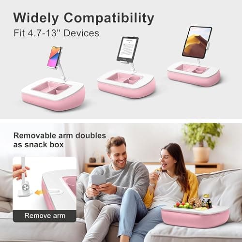 ERGONOV Lap Beanbag Tablet Pillow Stand with Snack Bowl and 360° Rotating Arm, Adjustable iPad Holder for Bed, Couch, and Recliner, Compatible with 4.7"-13" Kindle, iPad, Tablet, Phone,Pink thumbnail 5