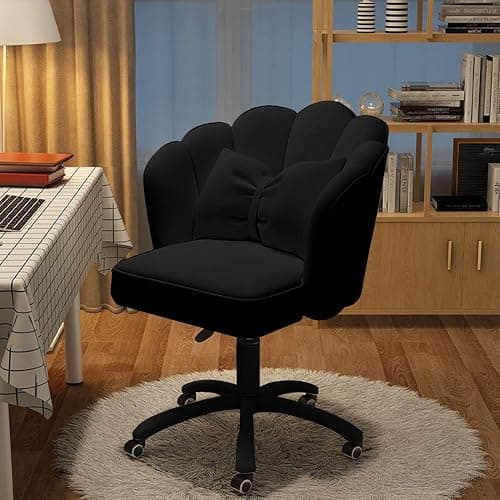 XUEGW Petal Desk Chair with Bow Cushion Velvet Vanity Chair with Wheels, Upholstered Home Office Chair for Girls Women, Mid-Back Swivel Computer Task Chairs for Living Room Bedroom - Image 1