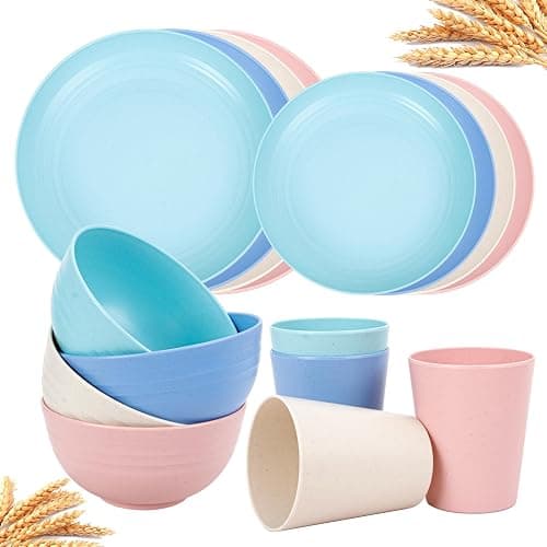 Rubtlamp Wheat Straw Plates and Bowls sets, Reusable Plastic Plate Set for 4, Kitchen Wheat Straw Dinnerware Sets (Spring Four Colors) Include Dinner Platos, Dessert Platos, Cereal Bowls, Cups - Image 1