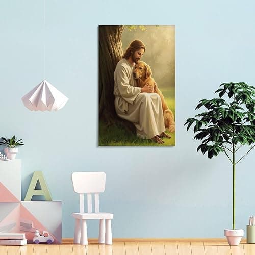 Jesus Art Poster Jesus Hugging Golden Retriever Home Decor Poster Wall Art Hanging Picture Print Bedroom Decorative Painting Posters Room Aesthetic 12x18inch(30x45cm) thumbnail 4