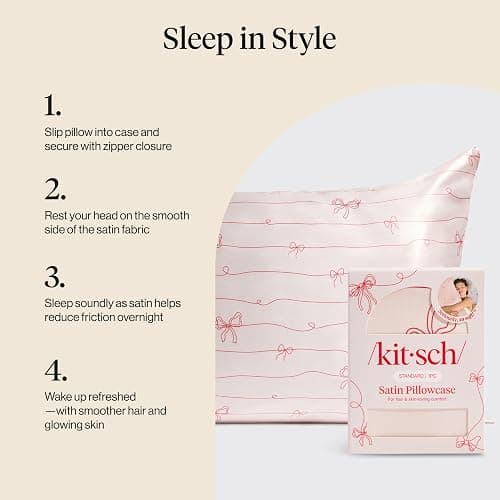 Kitsch Satin Pillowcase, Softer Than Silk Pillow Cases Queen, Cooling Pillow Covers, Satin Pillowcase w/Zipper for Hair, Skin & Quality Sleep, Wrinkle-Free & Smooth, Queen Size 19"x26" Striped Bows thumbnail 6