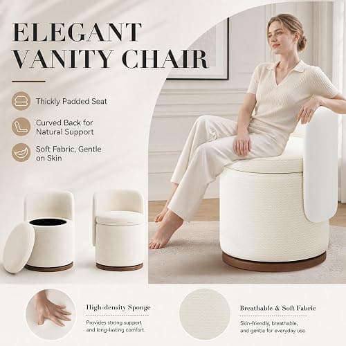 smartue Ottoman with Storage, Round Vanity Stool with Back | 22L Hidden Seat, 360° Swivel, Reversible Lid, No Wheels, Upholstered Makeup Footstool for Bedroom thumbnail 3