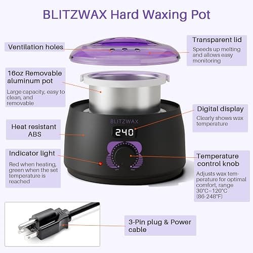 BLITZWAX Brazilian and Bikini Wax Pot for Women, Hard Waxing Warmer for Face, Legs and Body, At Home Hair Removal Machine, Beginner Friendly, Digital Fast Heating, 16oz Capacity thumbnail 9
