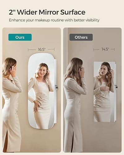SONGMICS Jewelry Organizer, LED Jewelry Cabinet, Wall/Door Mounted | Rounded Wide Mirror with Storage, Cloud White Surface with Tan Lining, AILEAS Collection UJJC026W01 thumbnail 6