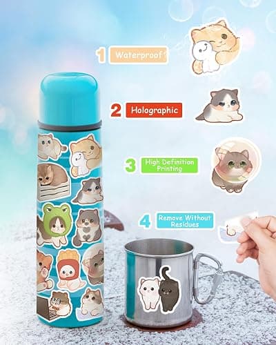Baslaky 100PCS Cute Cat Stickers for Kids, Water Bottle Stickers Gift for Teen Birthday Party, Waterproof Stickers Aesthetic Vinyl Kawaii Cartoon thumbnail 5