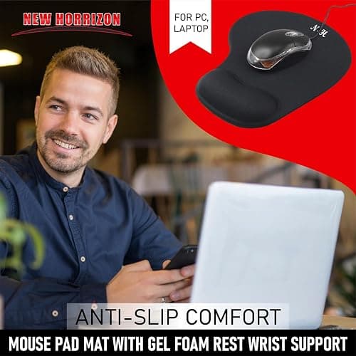 New Horrizon - Mouse Mat BLACK ANTI-SLIP COMFORT MOUSE PAD MAT WITH GEL FOAM REST WRIST SUPPORT FOR PC LAPTOP - Compatible with Laser and Optical Mice thumbnail 8