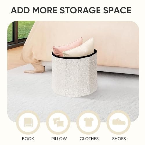 PINPLUS Round Storage Ottoman Cube Footrest - Versatile Boucle & Faux Teddy Fur Stool with Hidden Compartment for Living Room, Dorm, Bedroom White, 15"x15"x13.2" thumbnail 4