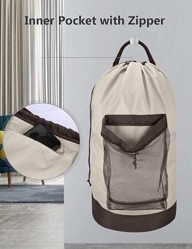 Dalykate Backpack Laundry Bag, 115L Large Hamper with Shoulder Straps, Drawstring Closure, Mesh Pocket, Khaki - Khaki thumbnail 5
