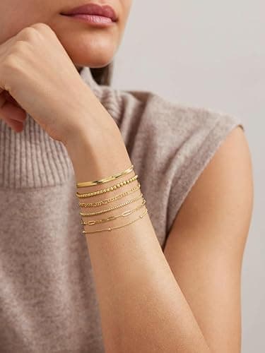 DEARMAY Gold Bracelets for Women Waterproof, 14K Gold Plated Jewelry Sets Trendy Thin Dainty Stackable Cuban Link Paperclip Chain Bracelet Pack Fashion Accessories Gifts for Womens thumbnail 5