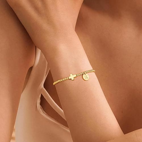 M MOOHAM Christmas Stocking Stuffers - Initial Bracelets for Women, Cross Bracelet for Womens Letter A-Z Cross Bracelet Gold Beaded Bracelets Dainty Small Jewelry, Religious Christian Gifts for Women thumbnail 5