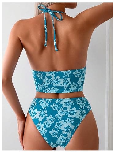 Floerns Women's Floral Print Halter Neck Tankini Top Two Piece Bathing Swimsuit thumbnail 2